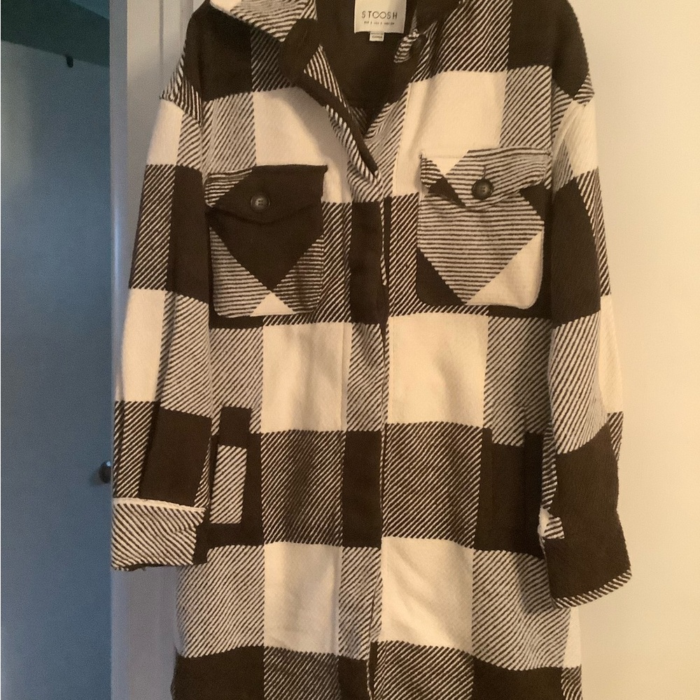 Stoosh Black and White Buffalo Plaid Trench Coat